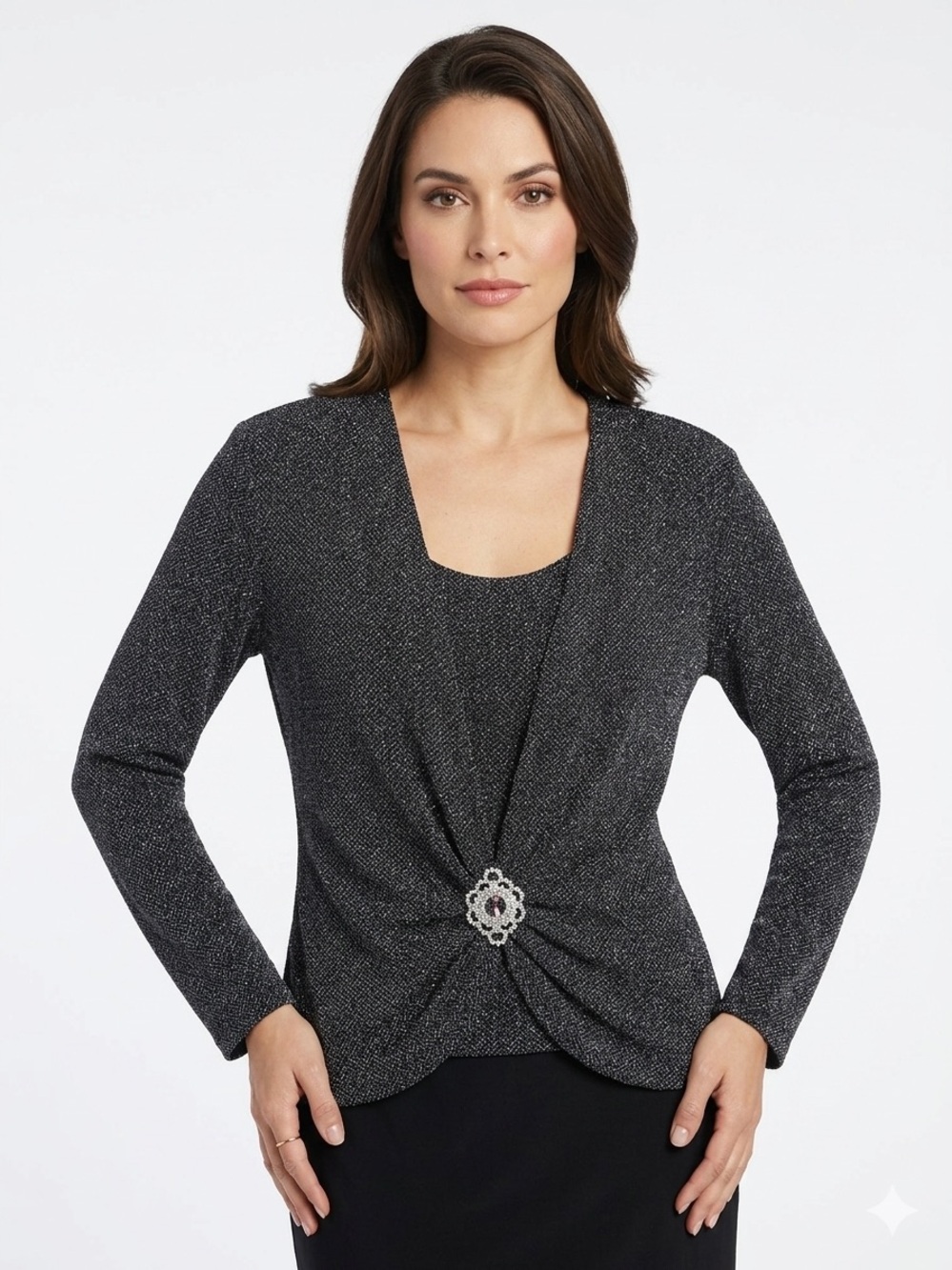 BLU SAGE Women's Long Sleeve Shimmering Silver Twin Set Shirt with Bling Broach